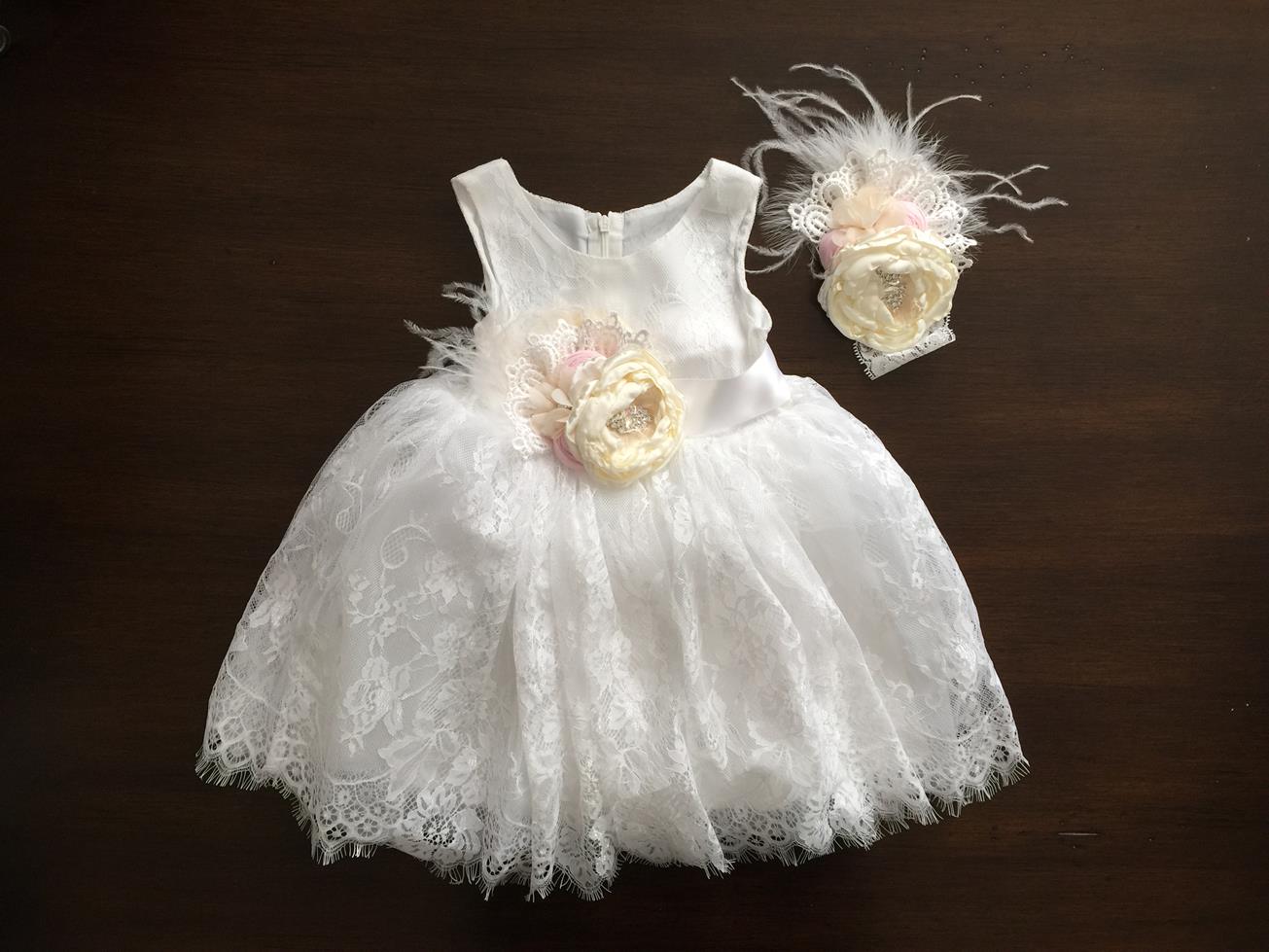 French White Lace Christening Dress with Ivory Headband 3-6 Months / French White French White Lace Christening Dress with Ivory Headband 3-6 Months / French White