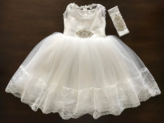 Baby Girl French White Baptism Dress with Rhinestones Headband & Sash
