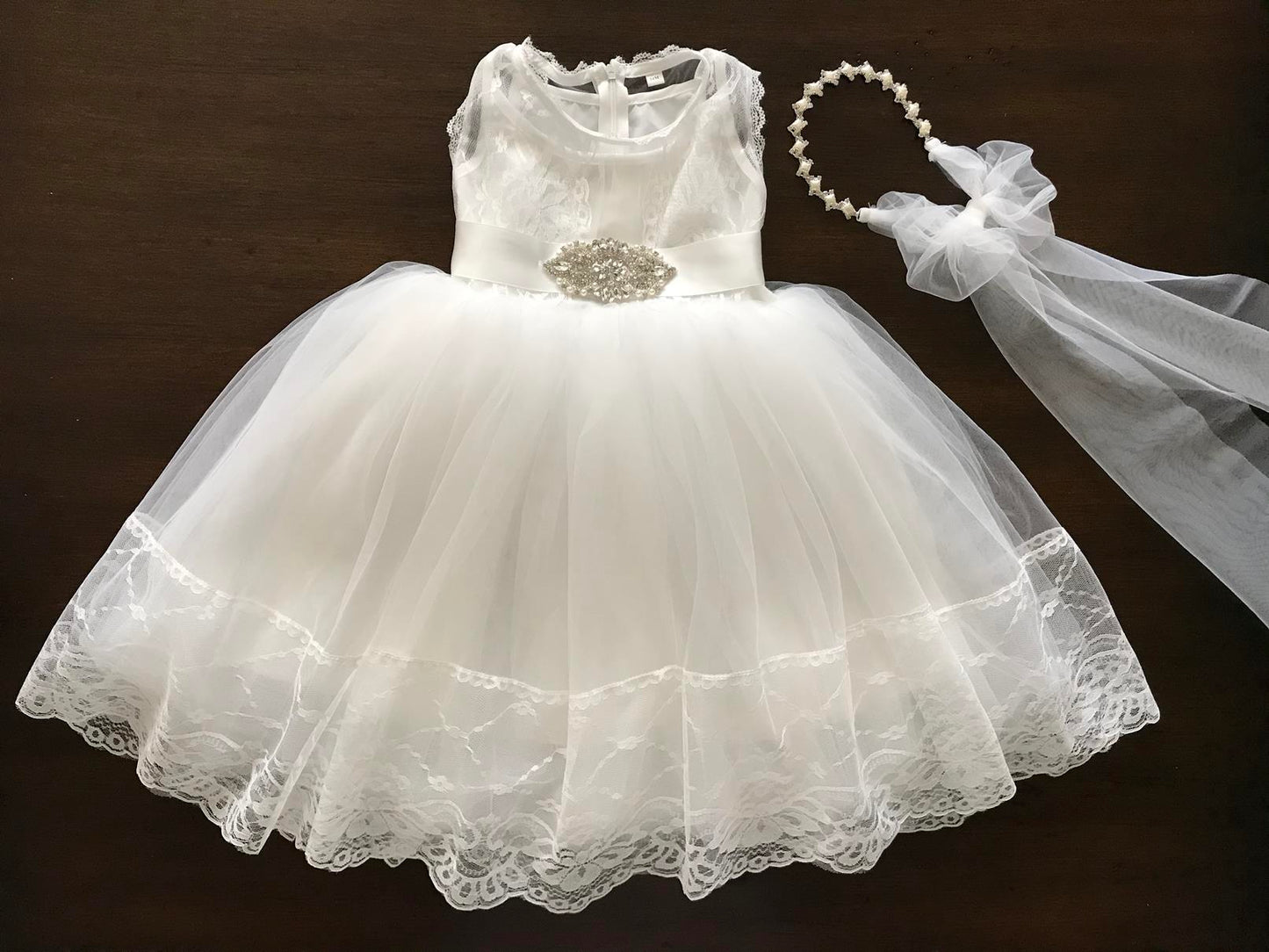 Baby Girl French White Baptism Dress with Rhinestones Headband & Sash