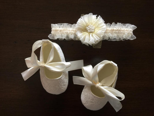 Ivory Baby Girl Baptism Shoes and Headband Set