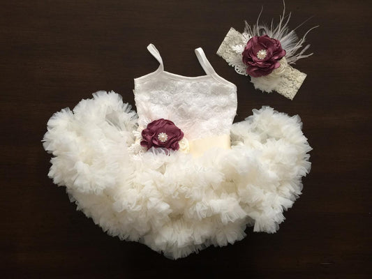 French Ivory Fluffy Baptism Dress with Headband and Sash