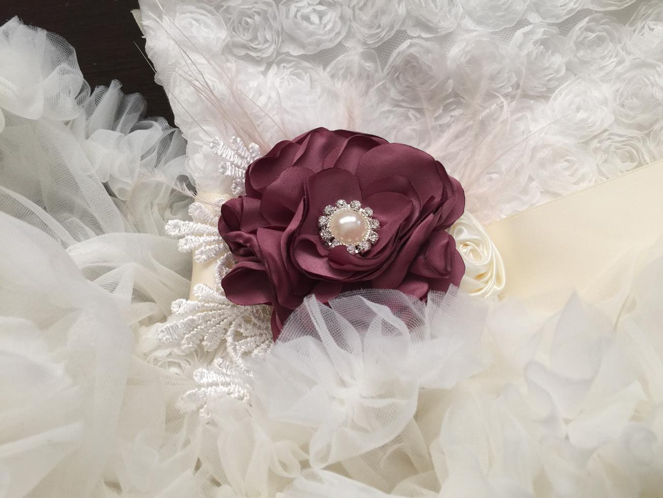 French Ivory Fluffy Baptism Dress with Headband and Sash