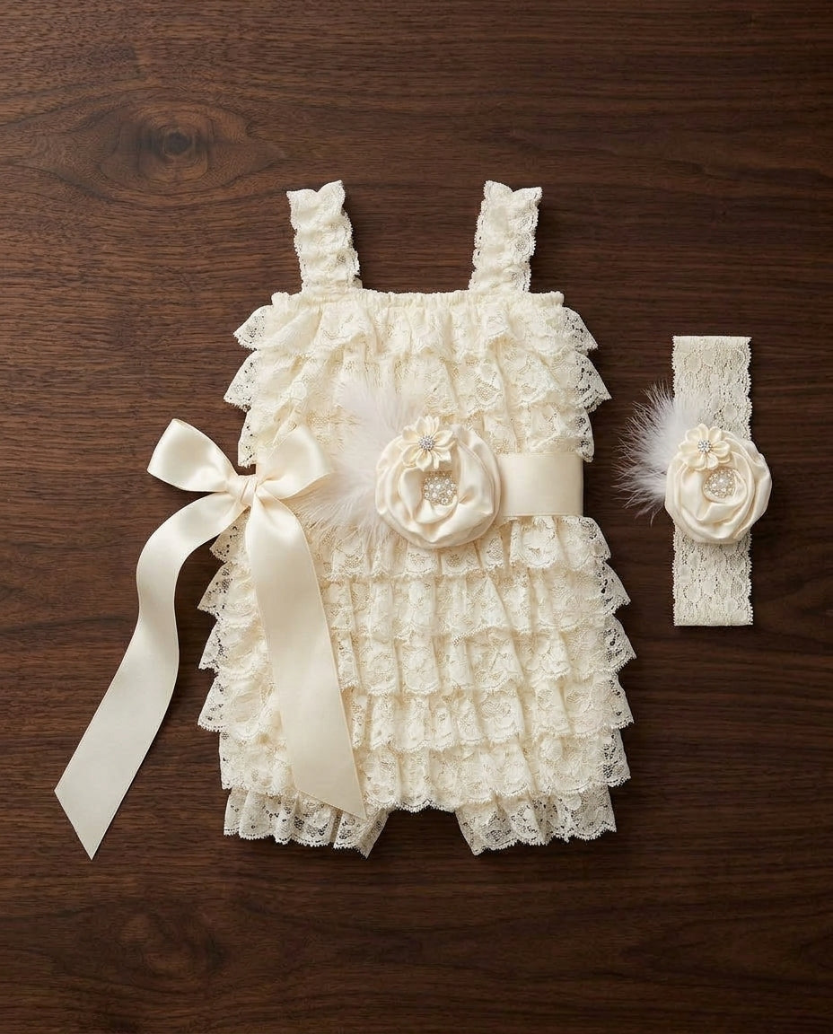 Baby Girl Vintage Lace Romper with Ivory Headband & Sash Set