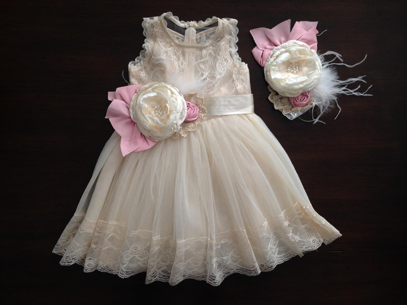 Baby Girl Summer Baptism Dress with Headband and Sash