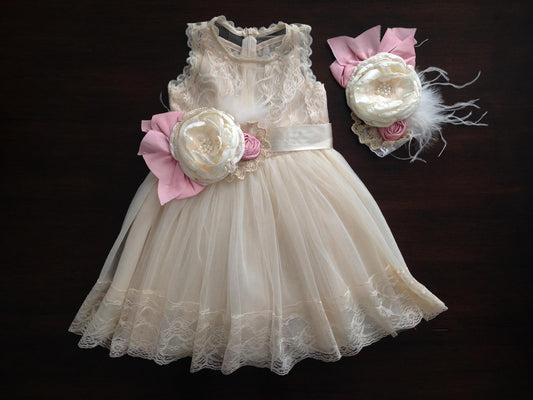 Baby Girl Summer Baptism Dress with Headband and Sash
