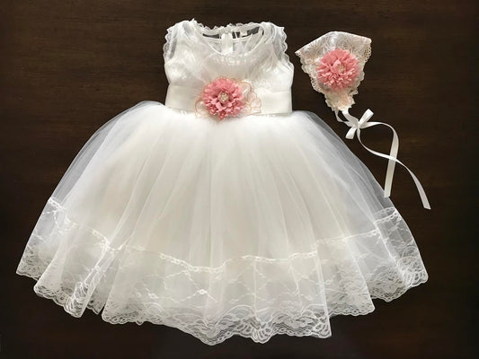 Baby Girl White Baptism Dress with Bonnet and Sash, Summer Christening Dress