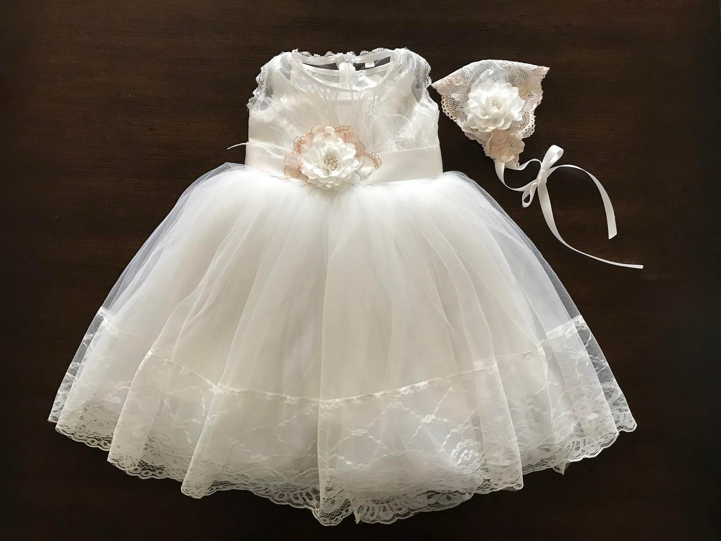 Baby Girl White Baptism Dress with Bonnet and Sash, Summer Christening Dress