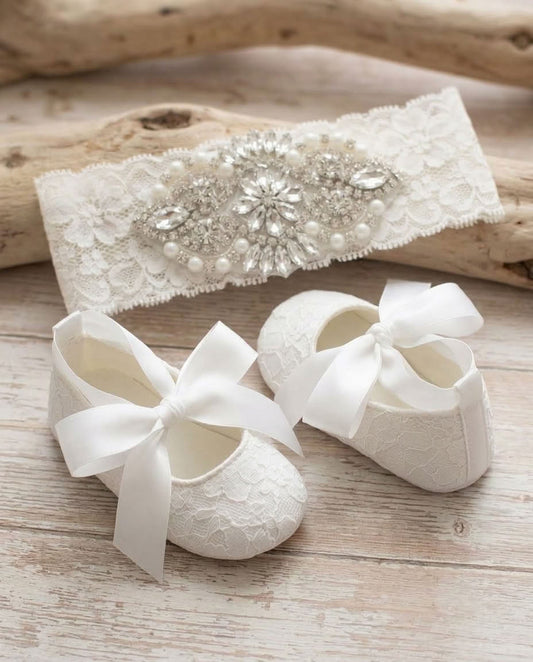 Baby Girl White Christening Lace Shoes and Rhinestone Headband Set