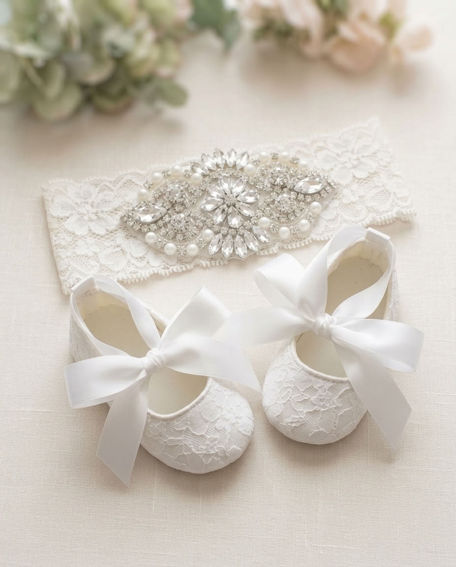 Baby Girl White Christening Lace Shoes and Rhinestone Headband Set