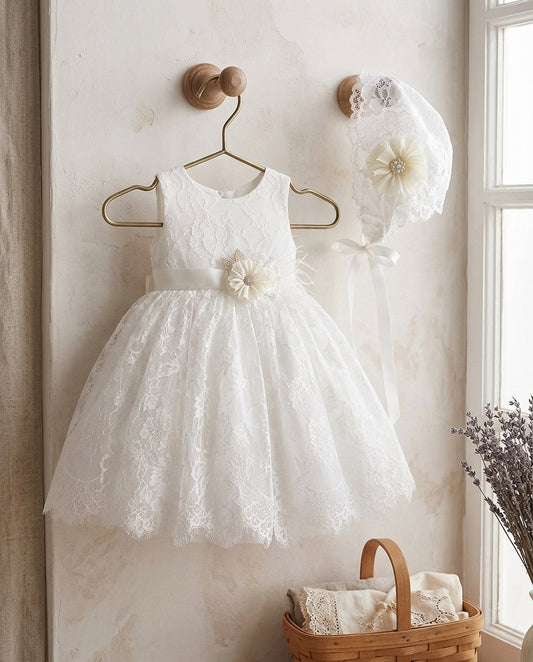 Baby Girl White Lace Baptism Dress with Lace Bonnet and Floral Sash