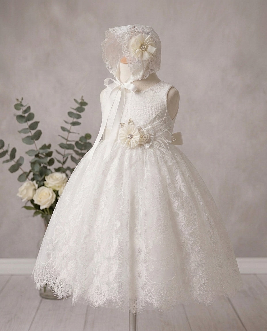 Baby Girl White Lace Baptism Dress with Lace Bonnet and Floral Sash