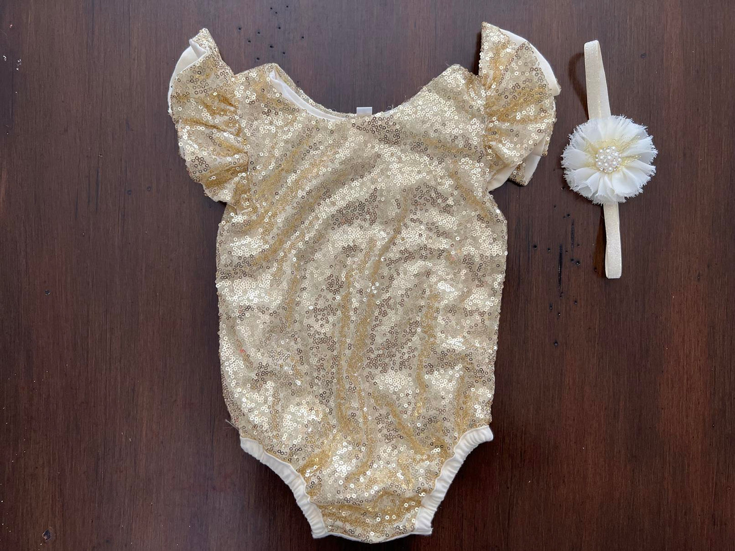 Baby Girl Gold Sequins Romper and Tutu Skirt with Headband