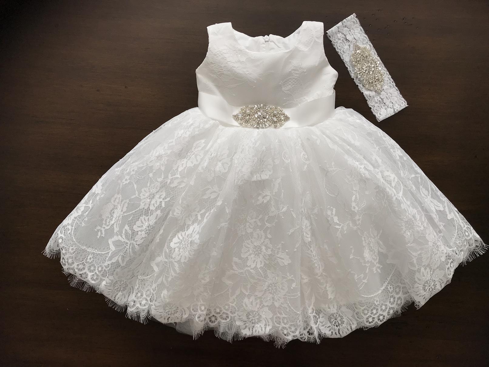 Baby Lace Christening Dress with Rhinestones Headband French White / 3T Baby Lace Christening Dress with Rhinestones Headband French White / 3T