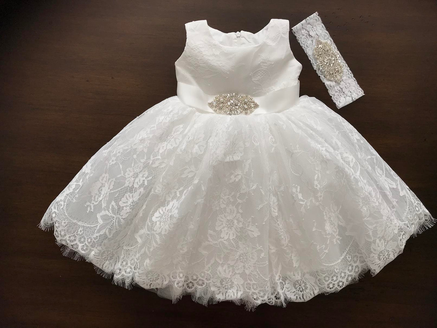 Baby Lace Christening Dress with Rhinestones Headband