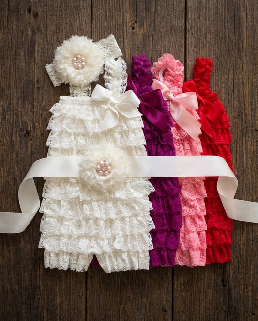 Baby Lace Romper with Ivory Headband and Sash Set