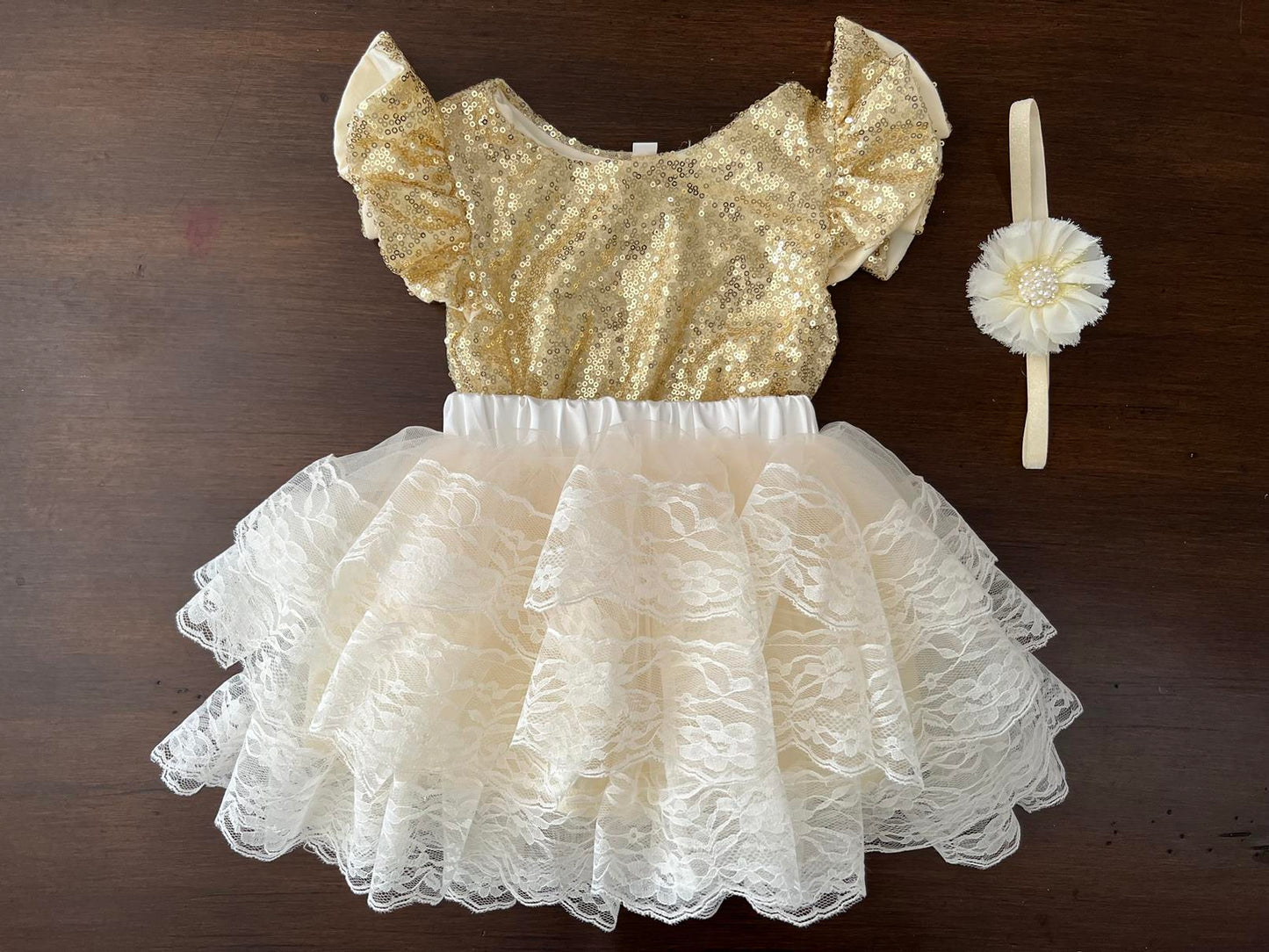 Baby Girl Gold Sequins Romper and Tutu Skirt with Headband