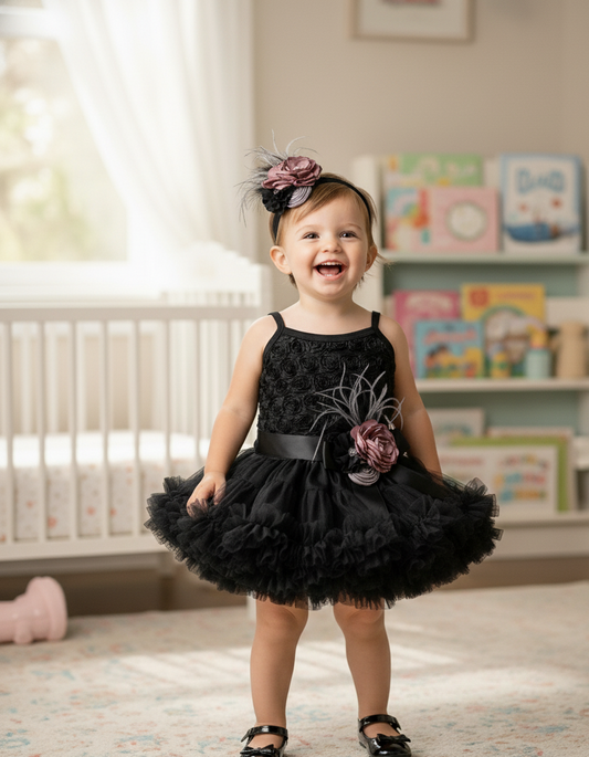 Baby Black Tutu Dress with Vintage Rose Headband and Sash
