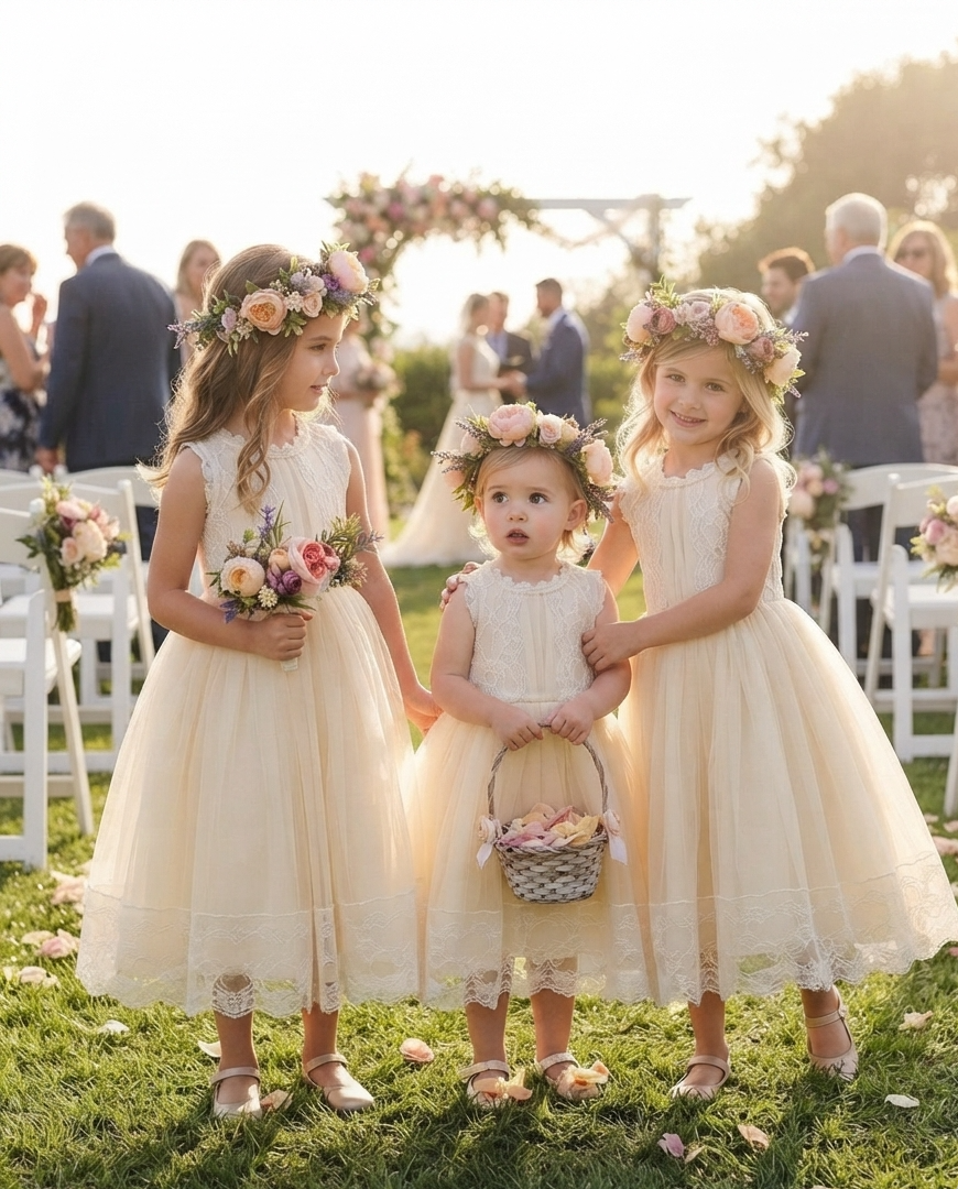 French Summer Flower Girl Dress with Spring Flower Crown