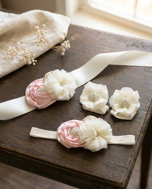 Baby Girl Blush and Ivory Baptism Headband, Sash, and Barefoot Sandals