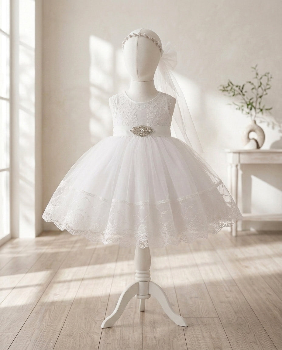 Baby Girl French White Baptism Dress with Rhinestones Headband & Sash French White/Veil / 3-6 Months