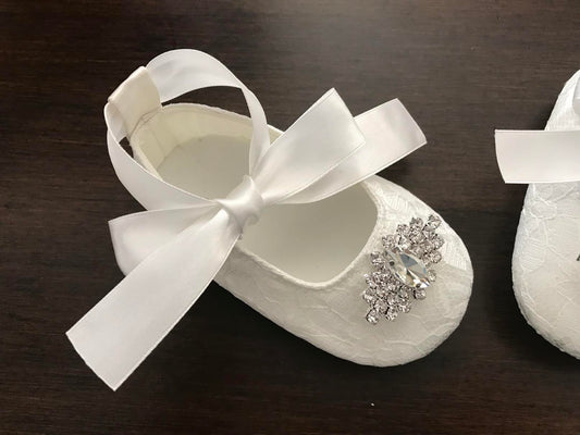 Baby Girl French White Baptism Shoes with Rhinestones