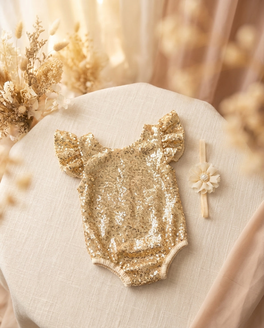 Baby Girl Gold Sequins Romper and Tutu Skirt with Headband