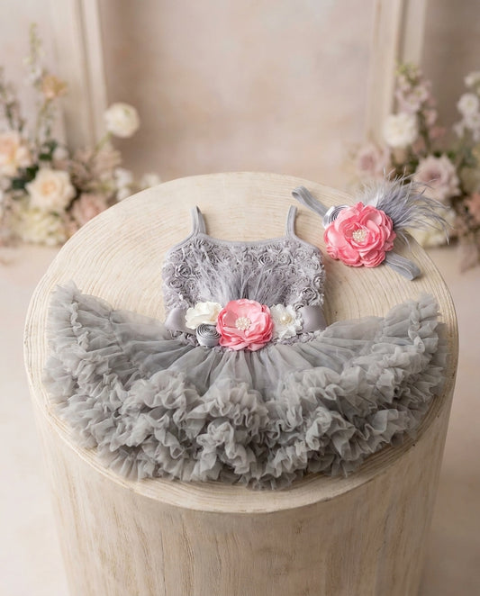 Baby Gray Fluffy Tutu Dress with Pink Headband and Sash