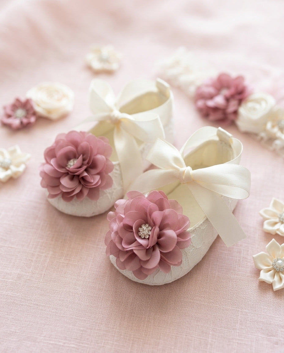 Baby Girl Ivory Baptism Shoes with Dusty Pink Flowers