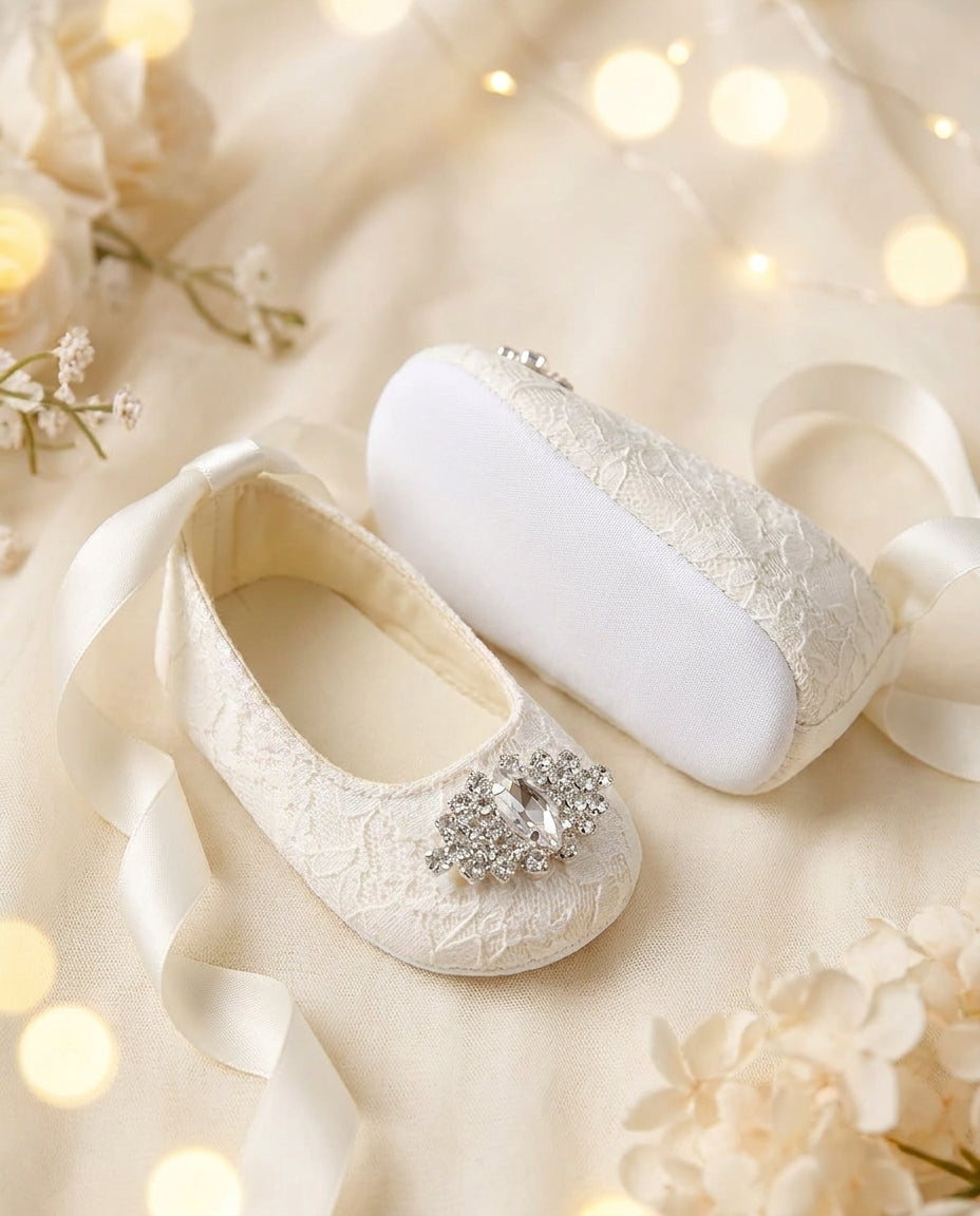 French White Baptism Lace Shoes and Rhinestones & Pearls Headband Set