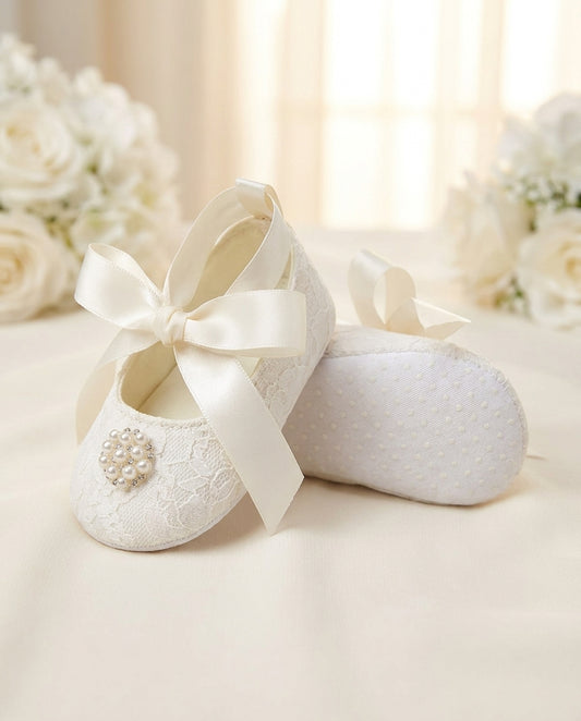 Baby Girl Ivory Lace Baptism Shoes, Pearls & Rhinestones