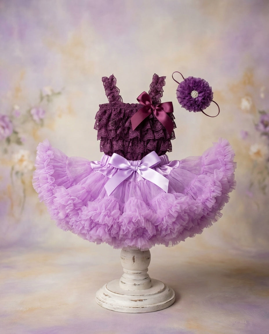 Purple Petti Set, Lavender Fluffy Skirt & Purple Lace Romper
