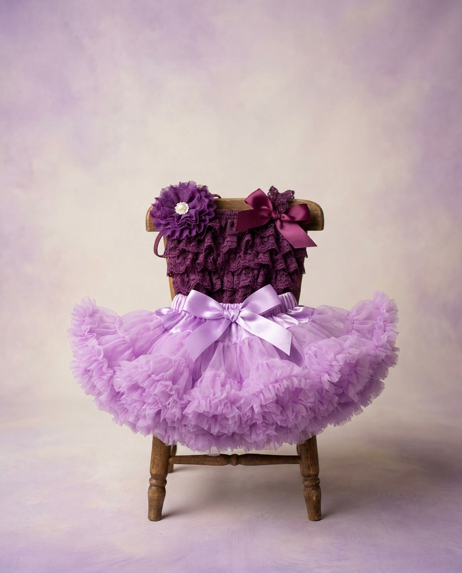 Purple Petti Set, Lavender Fluffy Skirt & Purple Lace Romper