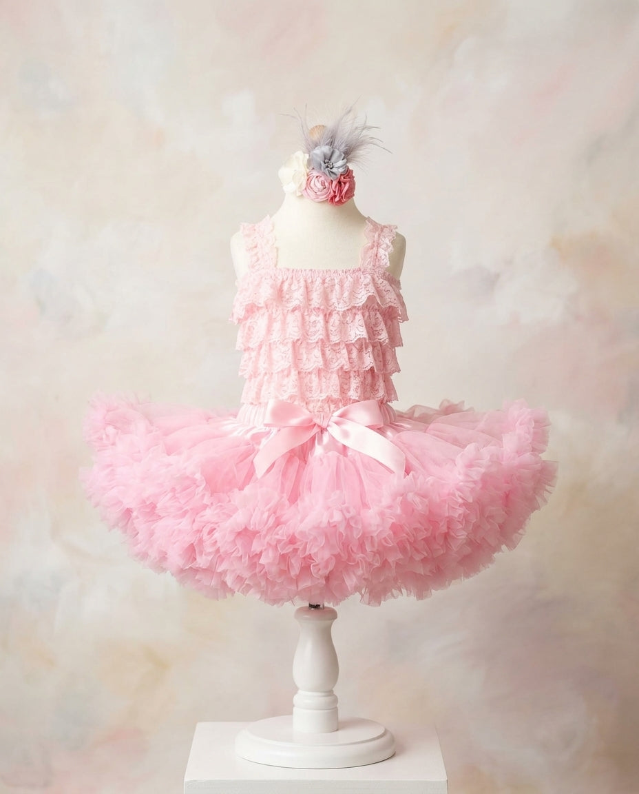 Baby Girl Pink Tutu Skirt and Ivory Lace Romper Set with Headband