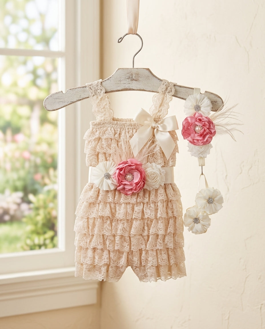 Baby Girl Smash Cake Lace Romper with Headband, Sash, & Barefoot Sandals