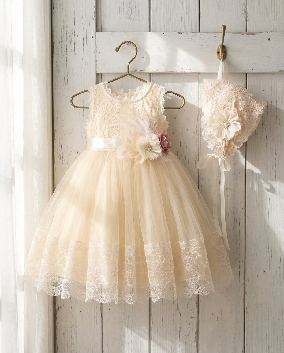 Baby Girl Summer Christening Dress with Lace Bonnet and Sash