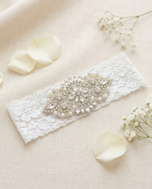 Baby Girl French White Baptism Rhinestone and Pearl Headband & Sash