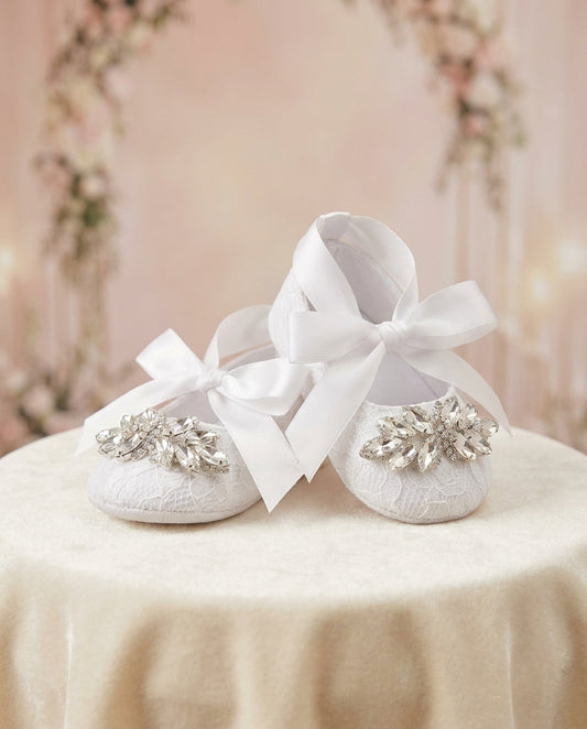 Baby Girl French White Christening Lace Shoes with Rhinestones
