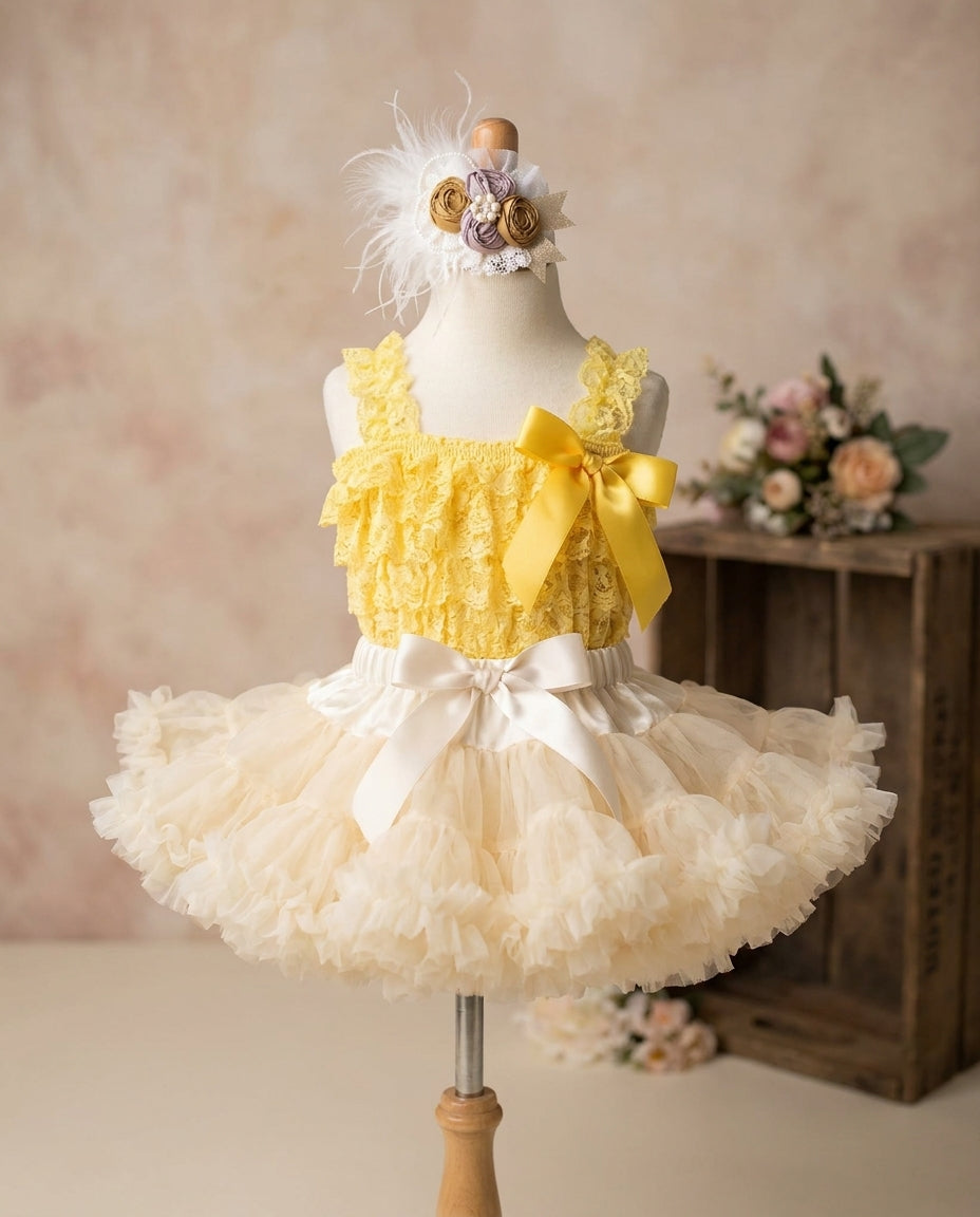 Yellow and Ivory Fluffy Skirt Set with Vintage Rosette Headband