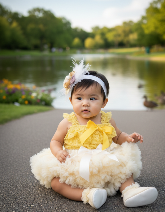 Yellow and Ivory Fluffy Skirt Set with Vintage Rosette Headband