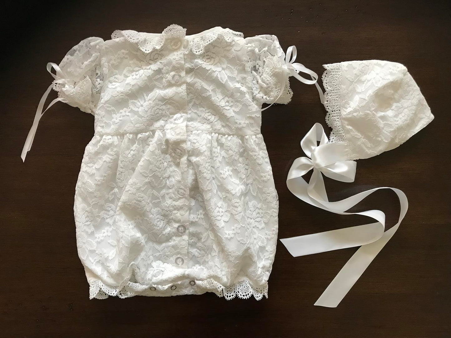 Baptism Lace Romper and Bonnet for Baby Girl