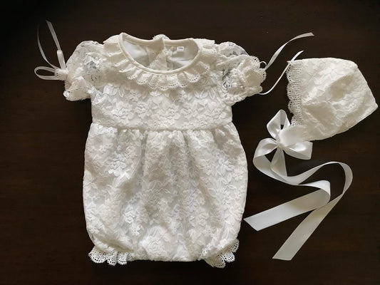 Baptism Lace Romper and Bonnet for Baby Girl