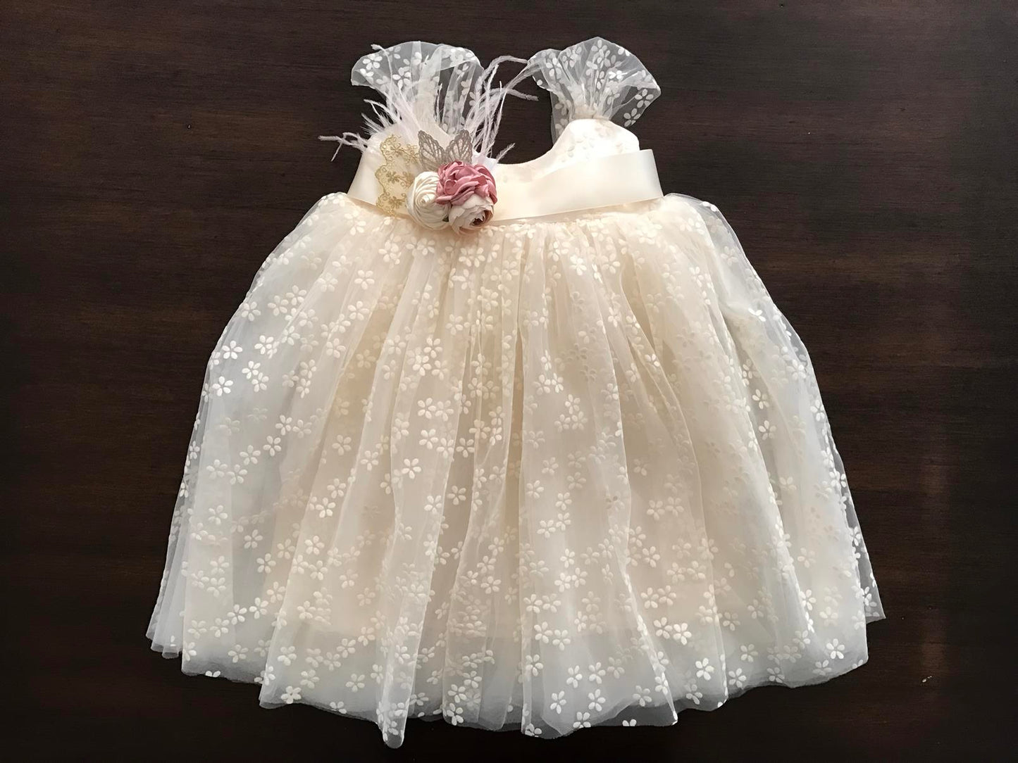 Baptism Tulle Dress with Rhinestones & Pearl Sash