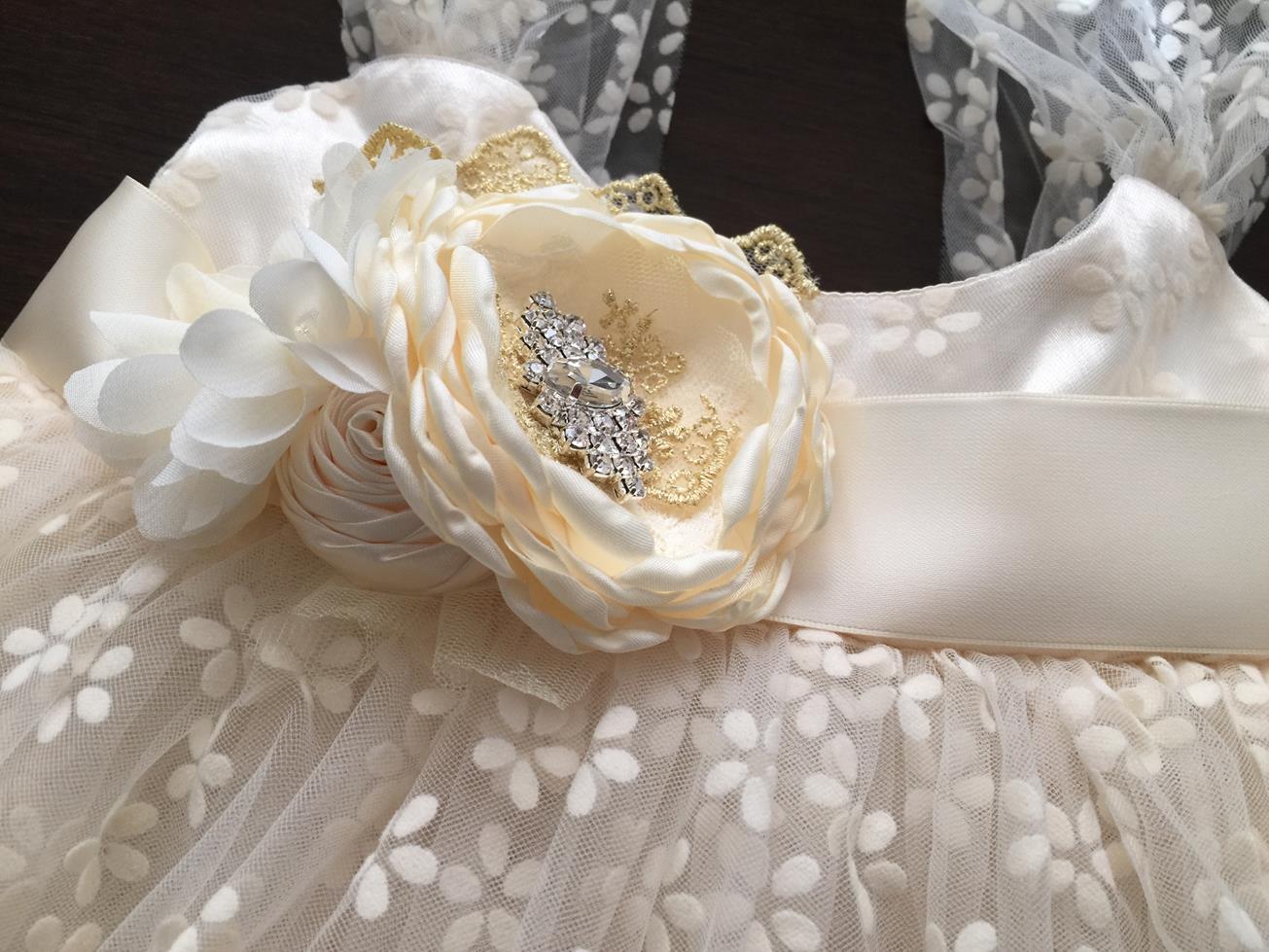 Baptism Tulle Dress with Rhinestones & Pearl Sash