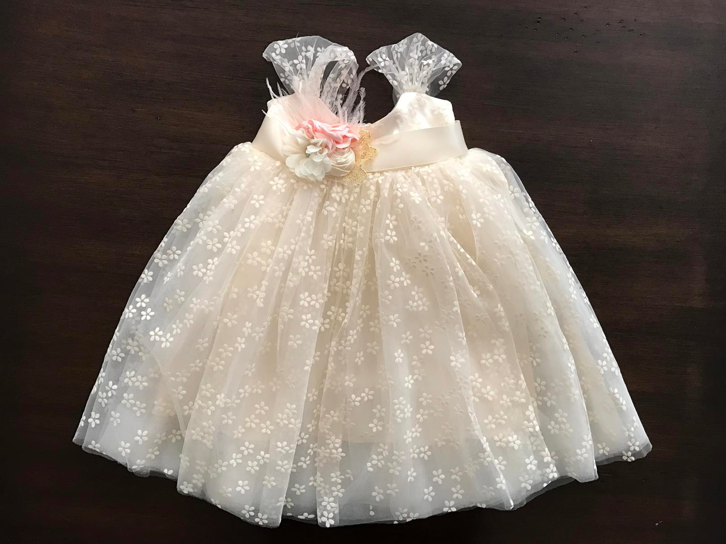 Baptism Tulle Dress with Rhinestones & Pearl Sash