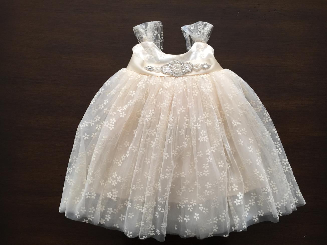 Baptism Tulle Dress with Rhinestones & Pearl Sash