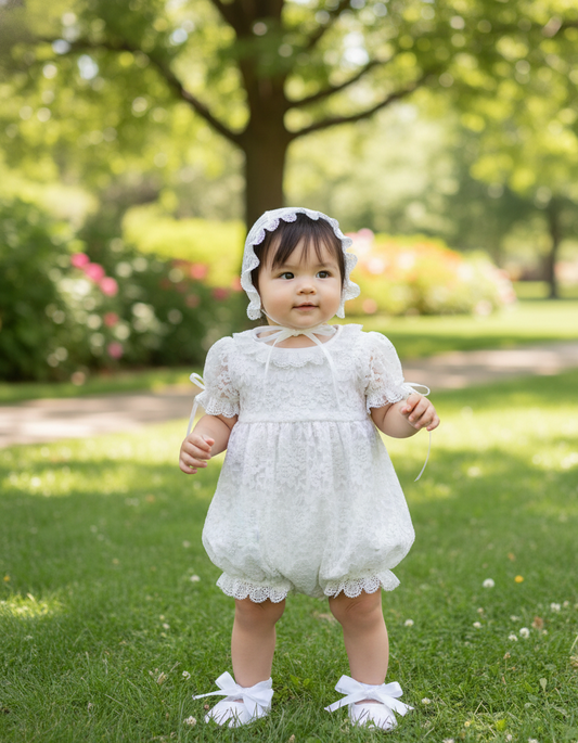 Baptism Lace Romper and Bonnet for Baby Girl