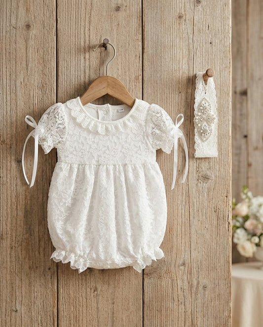 Baptism Lace Romper and Rhinestones Headband for Baby Girl