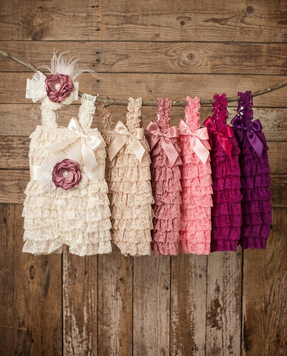 Baptism Lace Romper with Ivory and Vintage Rose Headband and Sash