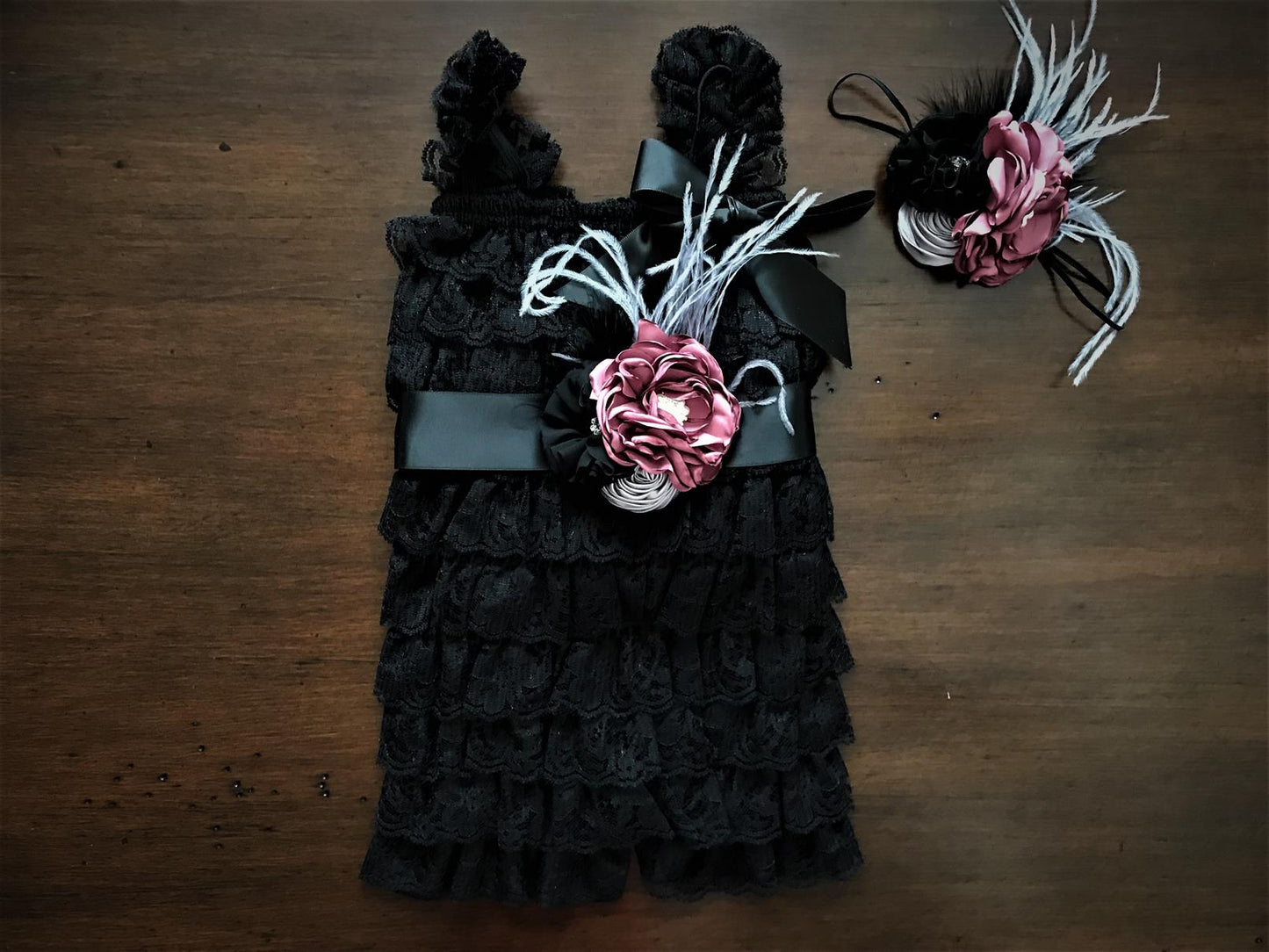 Smoky Gray Baby Lace Romper with Headband & Sash, Black Baby Lace Romper