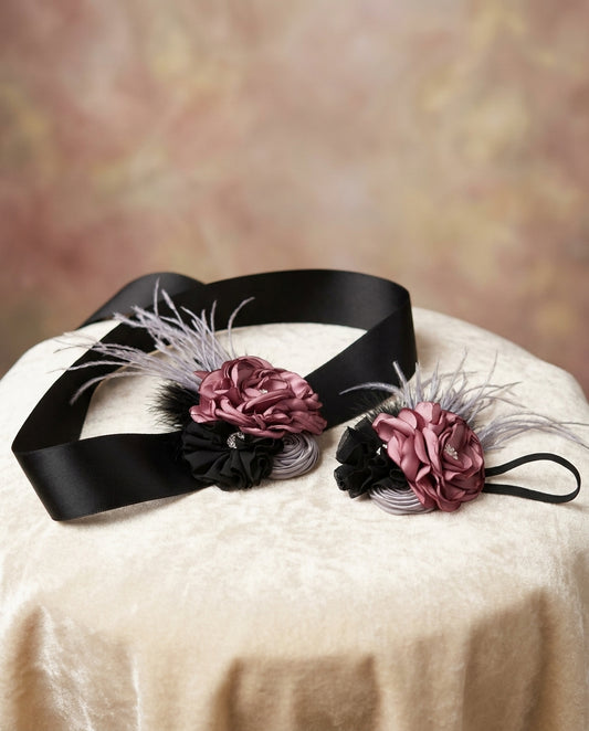 Black and Vintage Rose Baby Headband and Sash